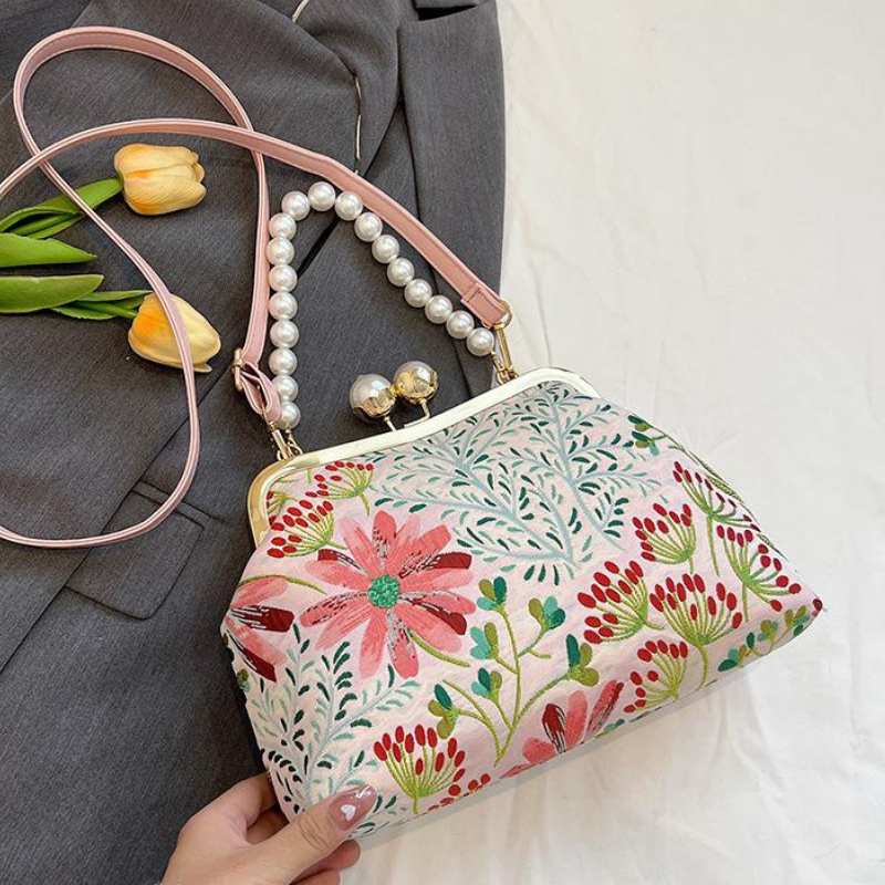 Rose Pearl Clutch | Vintage Shoulder Bag with Floral Print