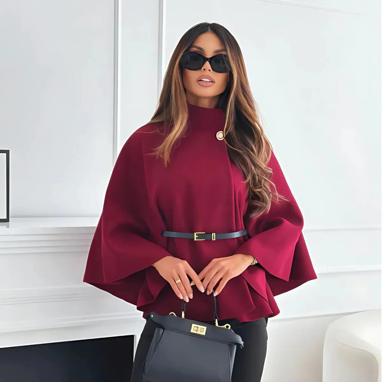 Elun | Chic Butterfly Jacket with Belt - Wine Red