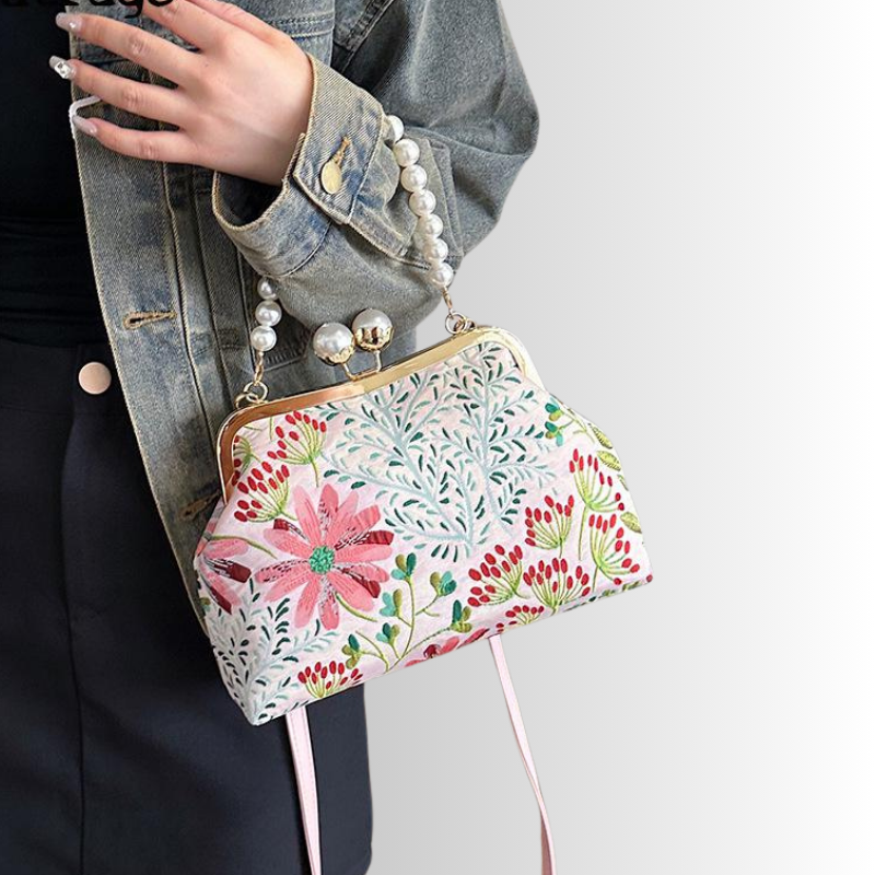 Rose Pearl Clutch | Vintage Shoulder Bag with Floral Print