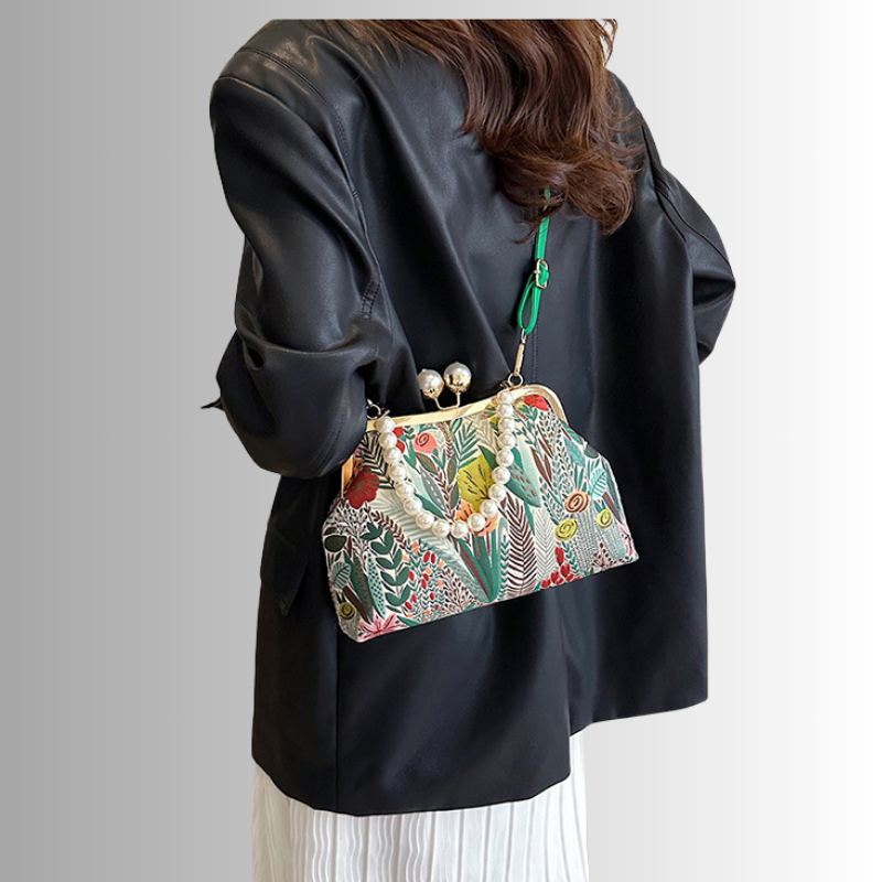 Rose Pearl Clutch | Vintage Shoulder Bag with Floral Print