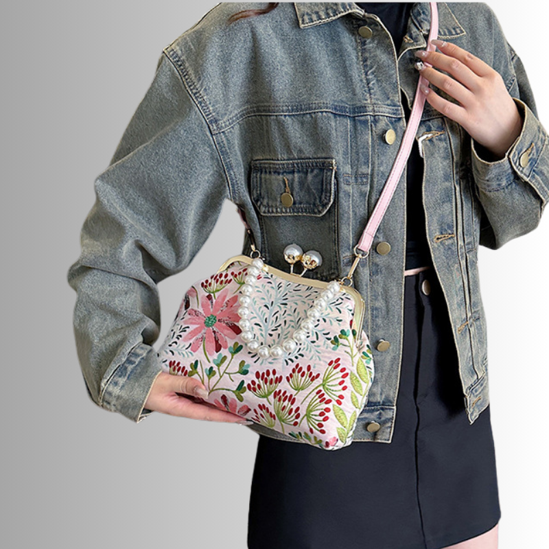 Rose Pearl Clutch | Vintage Shoulder Bag with Floral Print