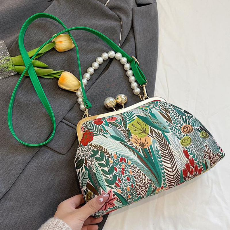 Rose Pearl Clutch | Vintage Shoulder Bag with Floral Print