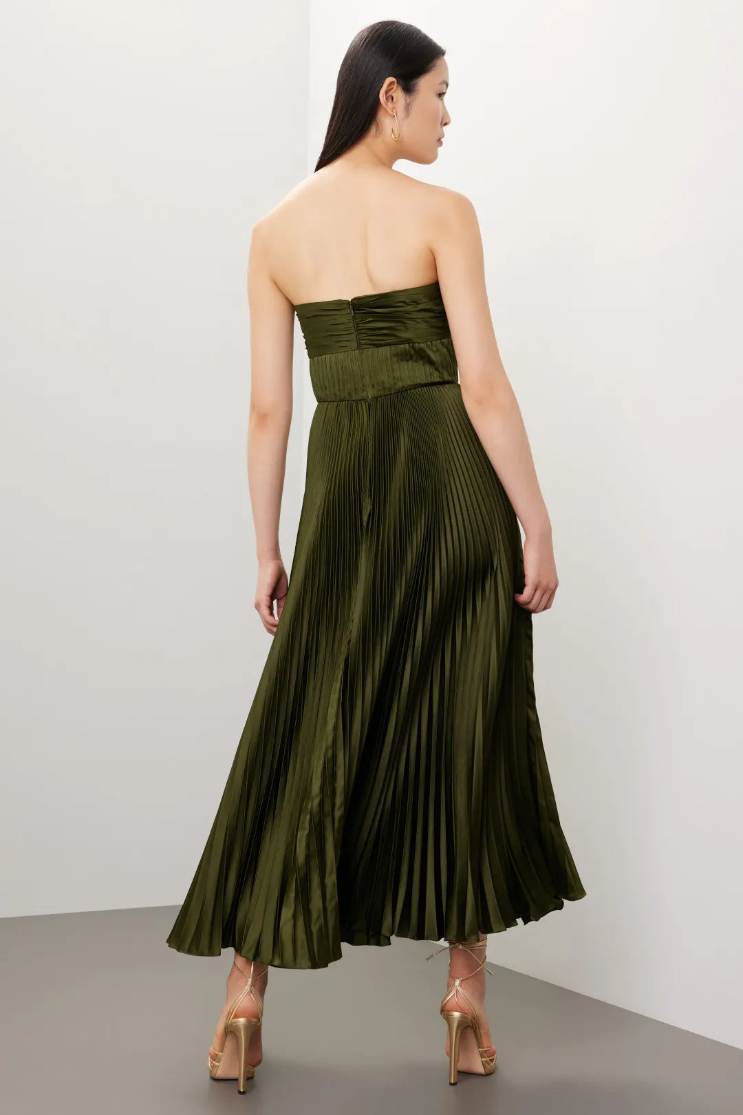 Lena | Strapless Pleated Maxi Dress - Olive