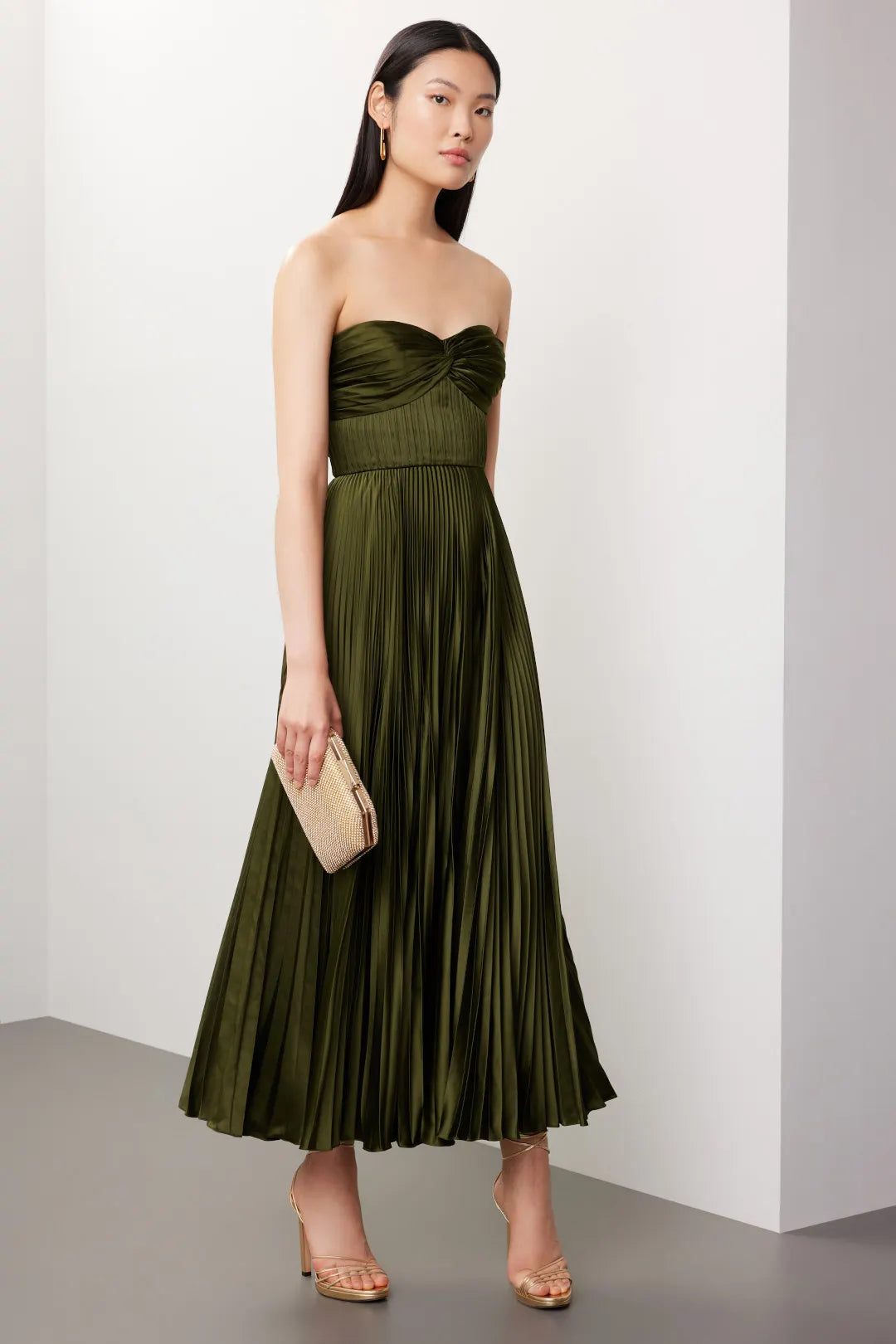 Lena | Strapless Pleated Maxi Dress - Olive