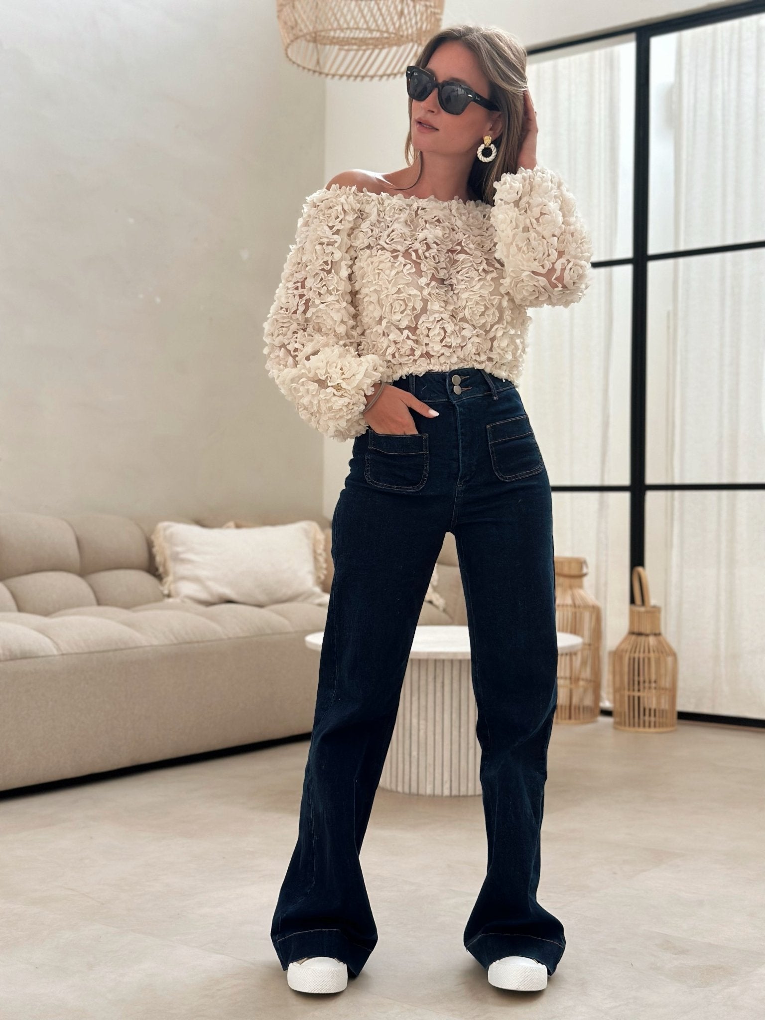 Reanne - Off-Shoulder Rose Textured Top